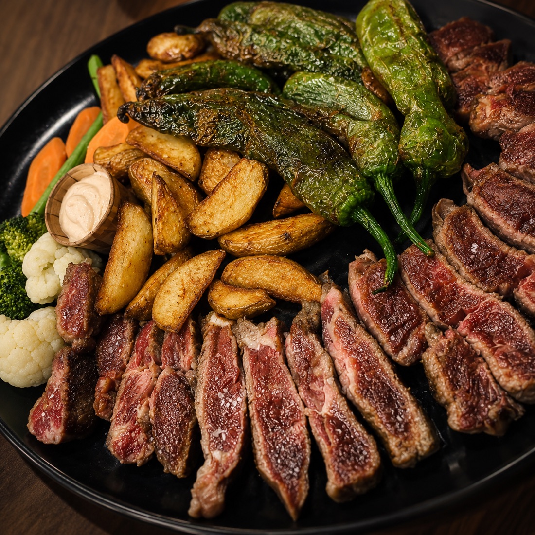 Parrillada de carne con pimientos y patatas